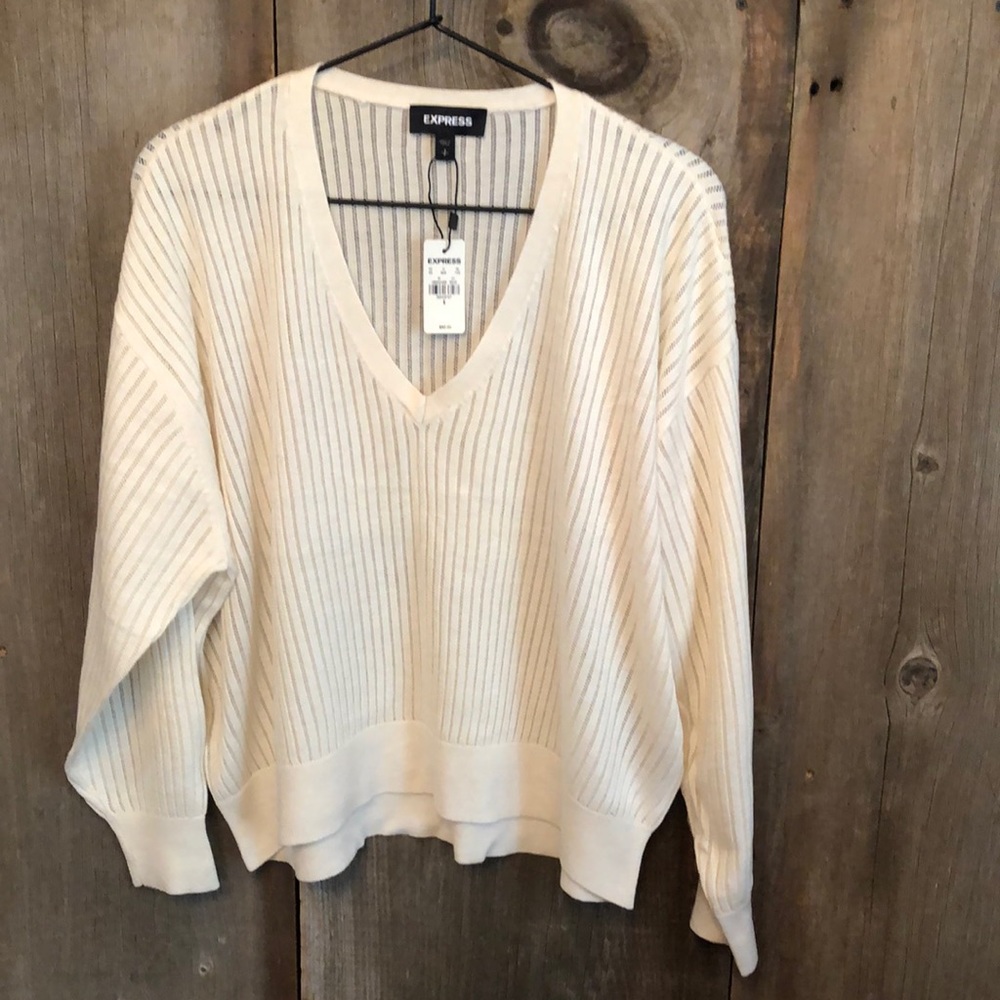 Express V-Neck Boxy Sweater Open Weave in Cream Size Small